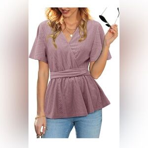 Beluring Women's Pink Peplum Eyelet Casual Short Sleeve V Neck Blouse Size L
